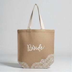 Bride Tote Bag | Burlap Bridal Shower Gift Bag with Lace Detail NWOT
